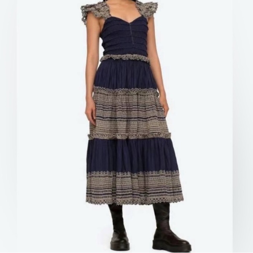 Sea‎ New York Marley Navy Organic Cotton Pleated Tiered Eyelet Lace Midi Dress M